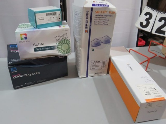 box of respirator masks, covid test kits