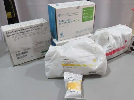 mix of 3 specimen collection kits, cast padding, cast tapes, (4) sodium chlorine syringes