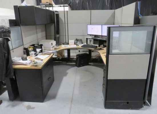 office cubical including wrap around desk overhead storage, wall mounted file cabinet  96" w x 84...