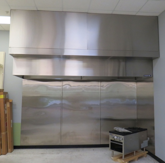 EconAir stainless steel hood  144" x 66" deep comes with  (4)  4' x 8" stainless steel wall panels
