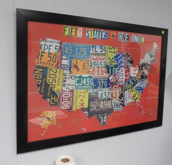 framed US map made of replica  license plate pieces