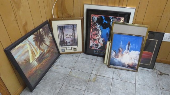 group of 9 assorted framed prints