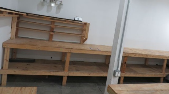 wood work bench 237" L c 32" deep x 39" high plus 70" wide fabric rack and short bench 83" long x...