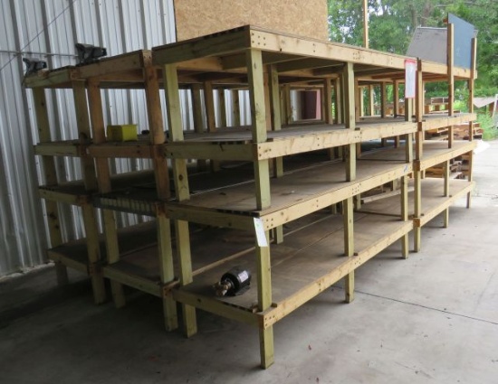 wood work benches 96" x 32" x39" high (2) of the benches have vises on them