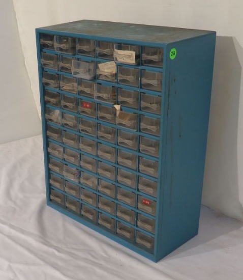 small parts bin with 60 drawers with pins and mixed hardware '