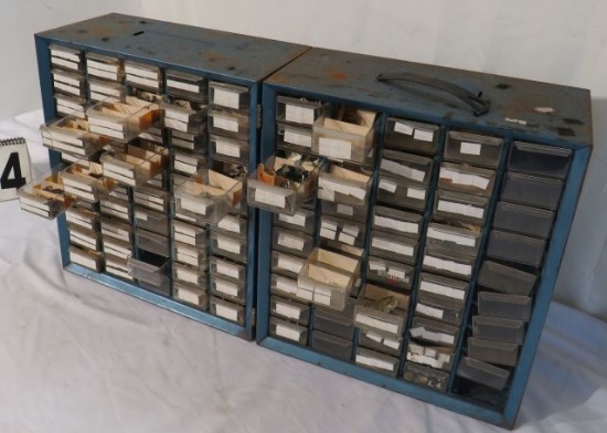 100 drawer double metal small parts bins with 1000's assorted animal themed lapel and cap pins