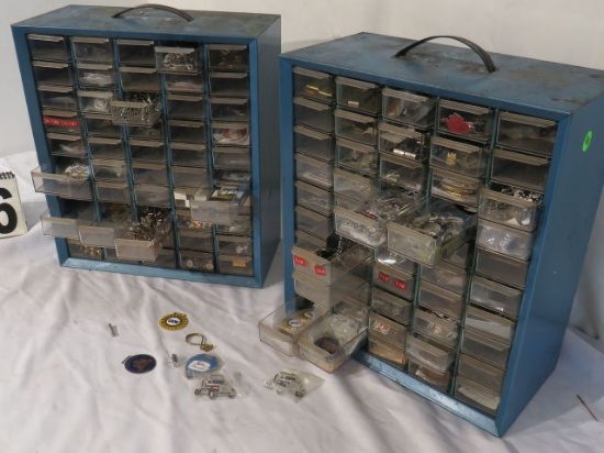 50 drawer small parts bins in metal case filled with mixed lapel and hat pins for trucks, tract...