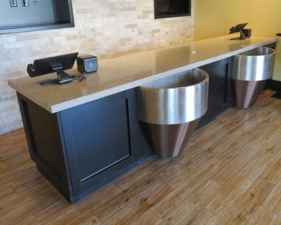 reception counter with ice bins 145" x 32" w x 34" high with cup dispensers and under shelving