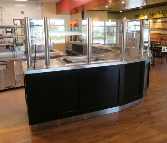 l shaped stainless steel salad cold and hot bar sneeze guard and shelving. Includes 4 heated soup w