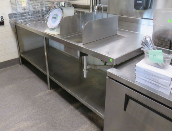 stainless table with undershelf and hand wash sink 90" long x 30" deep x 36" high with 4" back splas
