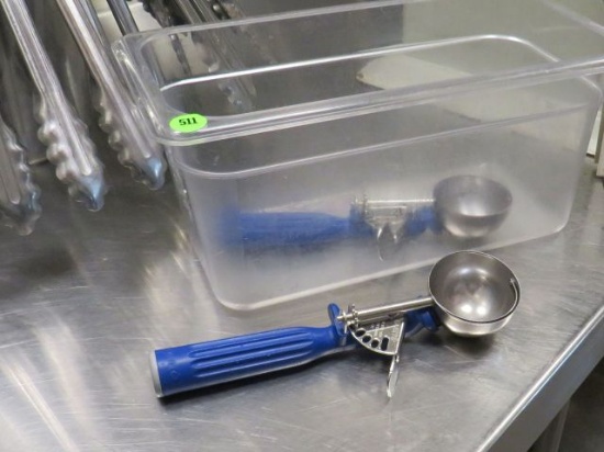 blue handle ice cream scoops with plastic salad container