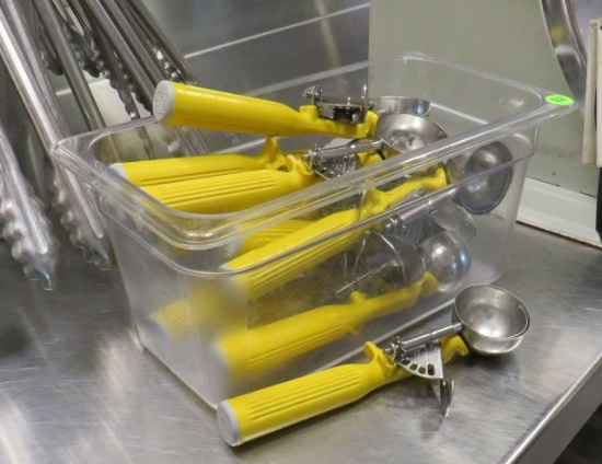 yellow handle ice cream scoops with plastic salad container