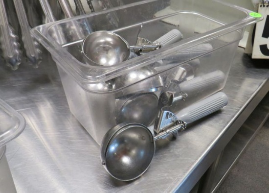 grey handle ice cream scoops with plastic salad container
