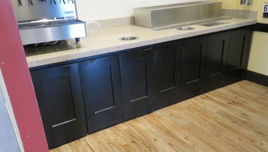 7 door cabinet with marble top for drinks 113" long x 36" deep x 34" high. Top is cut for garbage d