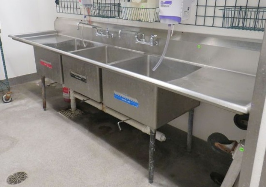 3 bay stainless steel wash sink with 2 mixing valves and 2 side returns 125" long x30" deep