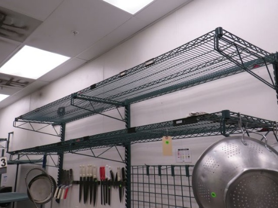green metro style wire shelves 60" x 24" with wall mount brackets and grid for hanging pots