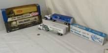 die cast semi tractor trailer rigs, ERTL models, Volvo Acme, Kenworth Walmart, Horseless Carriage...