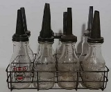 8 Pack qt. glass oil bottles w/spouts & rack