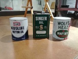 3-1 gallon oil cans Singer/Wolf's Head/ Havoline