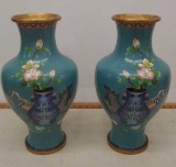 Set of 2 Chinese painted brass vases