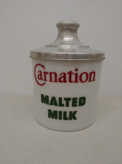 Carnations Malted Milk Milkglass Canister1716