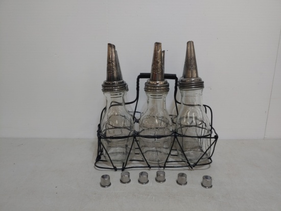6 Glass Oil Quarts With Master Spouts and Wire Carrier