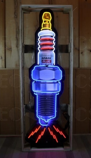 SPARK PLUG NEON SIGN IN SHAPED STEEL CAN