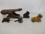 Mark's Tin Army Tank, Cast Iron Mortar, Toy Cannons & Decanter