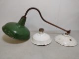 Green Porcelain Industrial/Gas Station Lamp Fixture & Two White Porcelain Shades