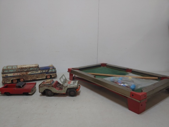 Tin Marble Pool Table & Tin Toys