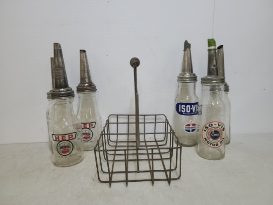 6 1qt Oil Bottles With Spouts & Crate. Standard Oil, Imperial & Others