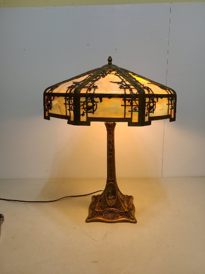 1920s Empire Slag Glass Birds, Swans & Grapevines Lamp