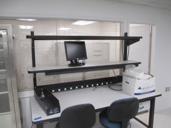 72 X 30 LAB TABLE 2 SHELVES/POWER STRIP WITH (2) CHAIRS