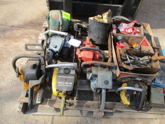 PALLET LOT-ANTIQUE CHAINSAWS & OUTBOARD MOTOR