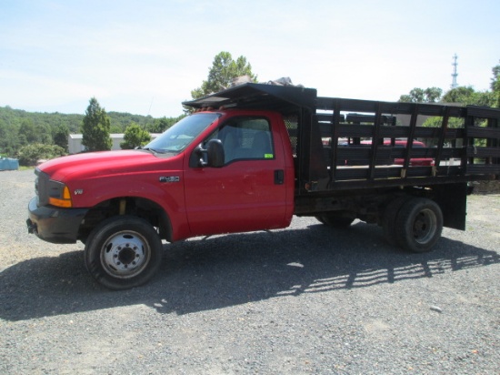 2000 FORD TRUCK- GAS F-450 12 FT. STAKEBODY ELECTRIC HOIST DUMP 2 WD-ONE OWNER