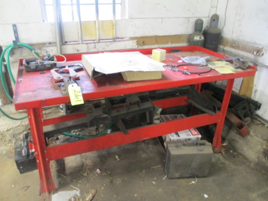 LOT-METAL WORK BENCH/TRAILER HITCHES UNDER BENCH