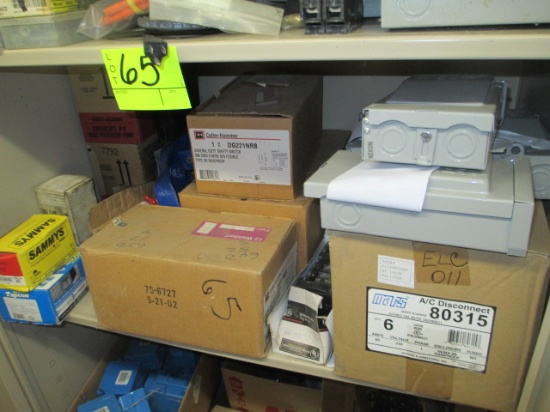 2 SHELF LOTS-ASST. DISCONNECT BOXES/SPRAY PAINT/SURGE PROTECTORS/FUSES/CIRCUIT BREAKERS/HDW.