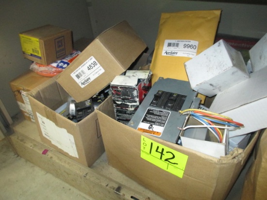 SHELF LOT-ASST. BREAKERS/CAPACITORS/RELAYS/HUMIDIFIER PARTS/LAMPS-APPROX 40 PCS.