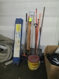 LOT-ASSORTED TOOLS-SHOVEL/POST HOLE DIGGER/BROOMS/10 X 10 POP UP SHELTER/WATER COOLER ETC