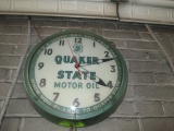 QUAKER STATE CLOCK-SOME PAINT LOSS OF GLASS FACE. RUNS-ILLUMINATED.