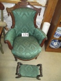 VICTORIAN WINGBACK CHAIR WITH FOOTSTOOL. WALNUT FRAMEWORK