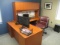 OFFICE SUITE-CHERRY FINISH DESK WITH RETURN & OH STORAGE/2 WOODEN BOOKCASES/BURGANDY CHAIR/2 FILES