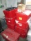 LOT-APPROX 10 RED TOTE BOXES WITH ASST, TEAS/CANDLES/PLASTICWARES