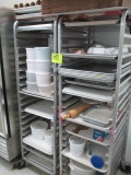 LOT-(2) TRAY RACKS WITH ASST. BAKING TOOLS/SUPPLIES