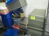 LOT-25 ASSORTED STAINLESS AND PLASTIC PANS/GLASS TRAYS/STACKING CHAIRS/BROOMS/TRASHCANS