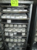 RACK & TRAYS-APPROX 13 TRAYS W/APPROX 100 ROUND 3 IN BOWLS AND 60 JARS W/LIDS