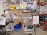 LOT- APPROX. 20 TOTES/BOXES-SHRINKWRAP, CABLES, BIN DIVIDERS & MISC ON FLOOR AGAINST WALL