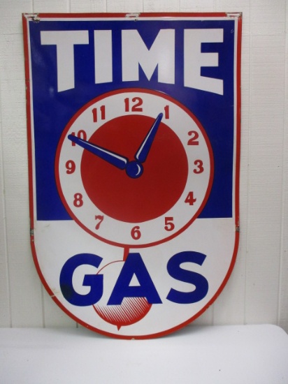 TIME GAS PORCELAIN SIGN- 6 FT. DOUBLE SIDED  WITH HANGER BRACKET-40 YEARS IN SAME COLLECTION
