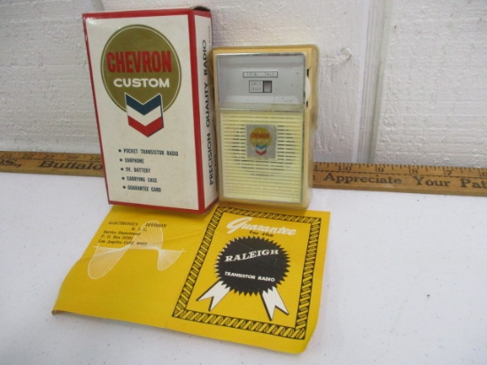 CHEVRON PROMO TRANSISTOR RADIO, NEW IN BOX CIRCA 1950-60 COMPLETE WITH WARRANTY CARD AND EAR PLUG.