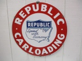 REPUBLIC CAR-LOADING-PORCELAIN SINGLE SIDED 24 IN. FREIGHT FORWARDER AFFIILIATE WITH THE RAILROAD.